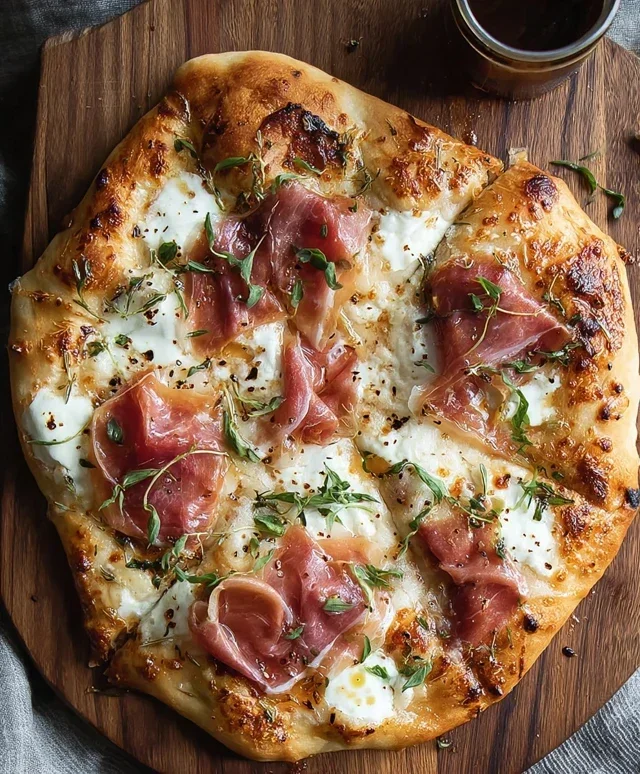 White Pizza with Beef Beef Prosciutto & Hot Honey