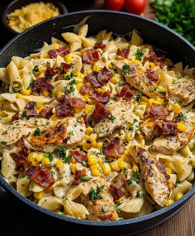 Creamy Chicken and Corn Pasta with Beef Beef Bacon