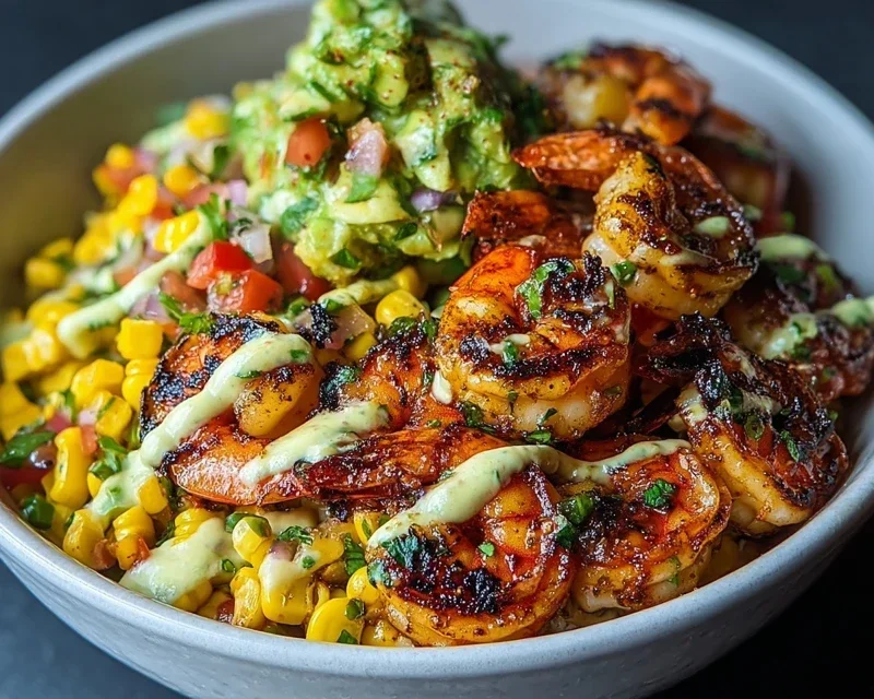 Grilled Shrimp Bowl With Avocado Corn Salsa Creamy Garlic Sauce