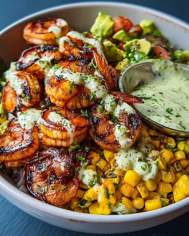 Grilled Shrimp Bowl With Avocado Corn Salsa Creamy Garlic Sauce