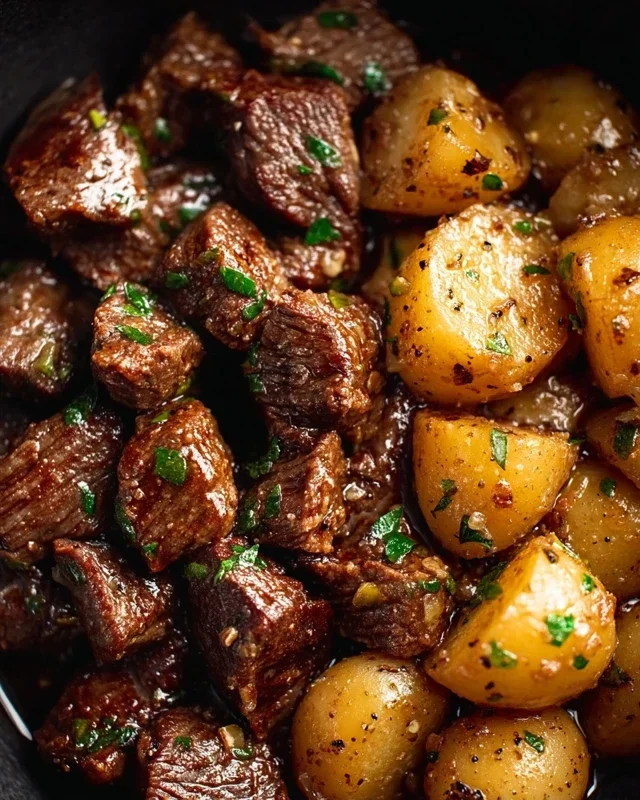 Slow Cooker Garlic Butter Beef Bites with Potatoes