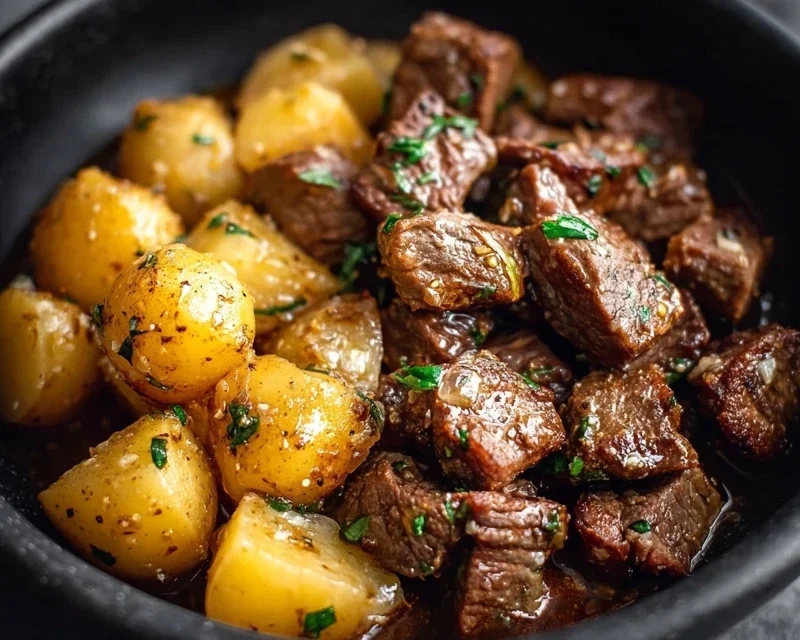 Slow Cooker Garlic Butter Beef Bites with Potatoes