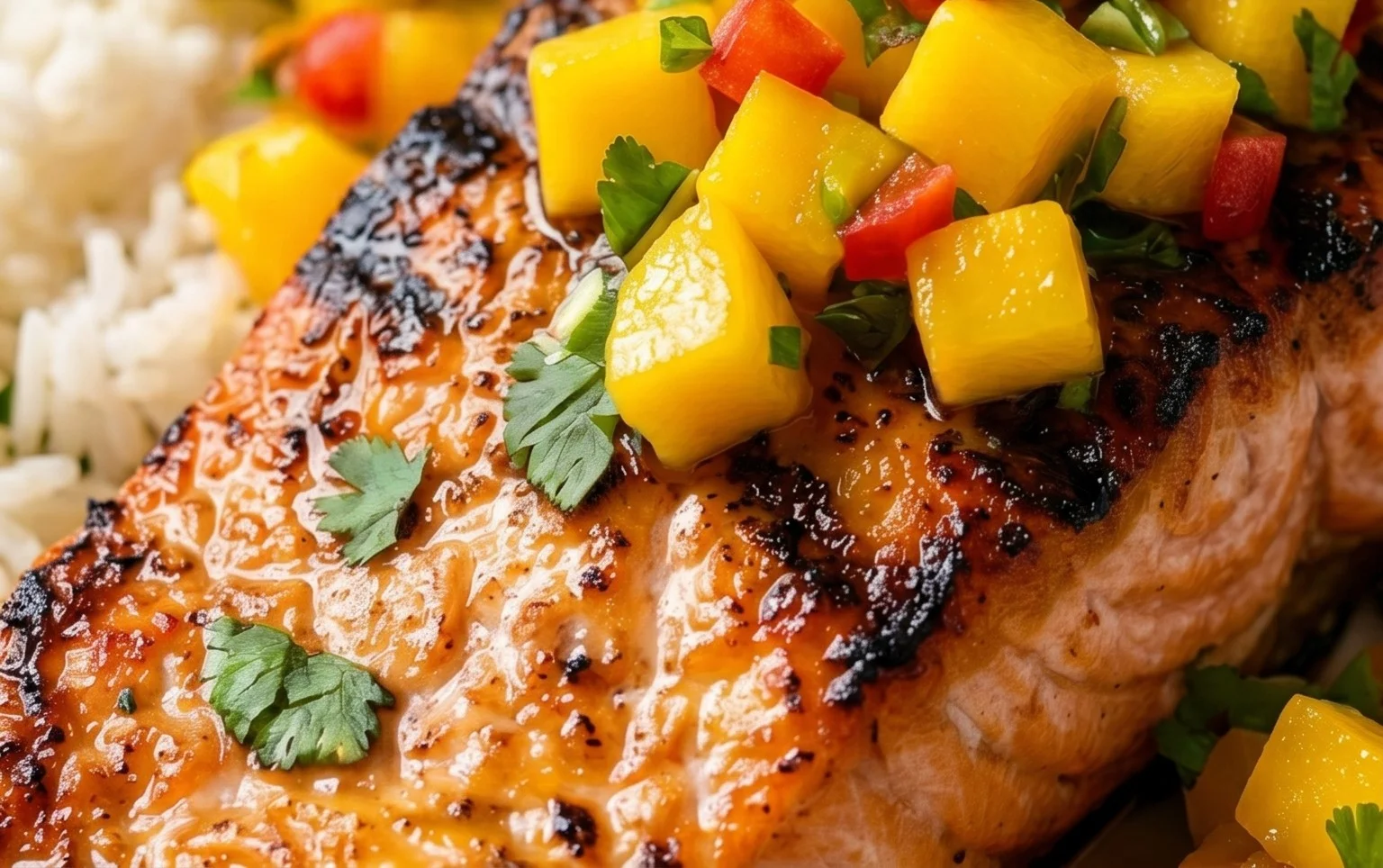 Grilled Salmon with Mango Salsa and Coconut Rice