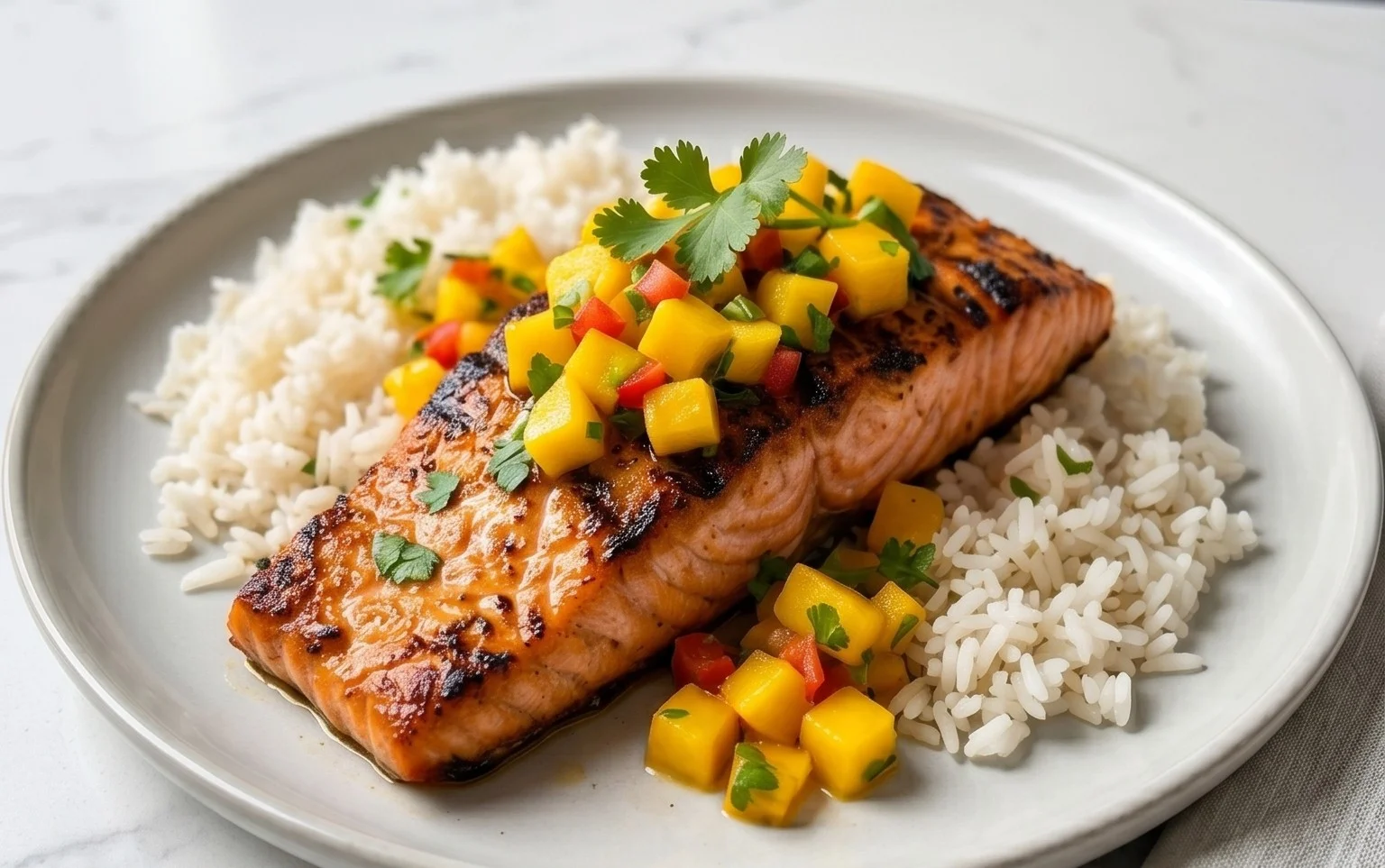 Grilled Salmon with Mango Salsa and Coconut Rice