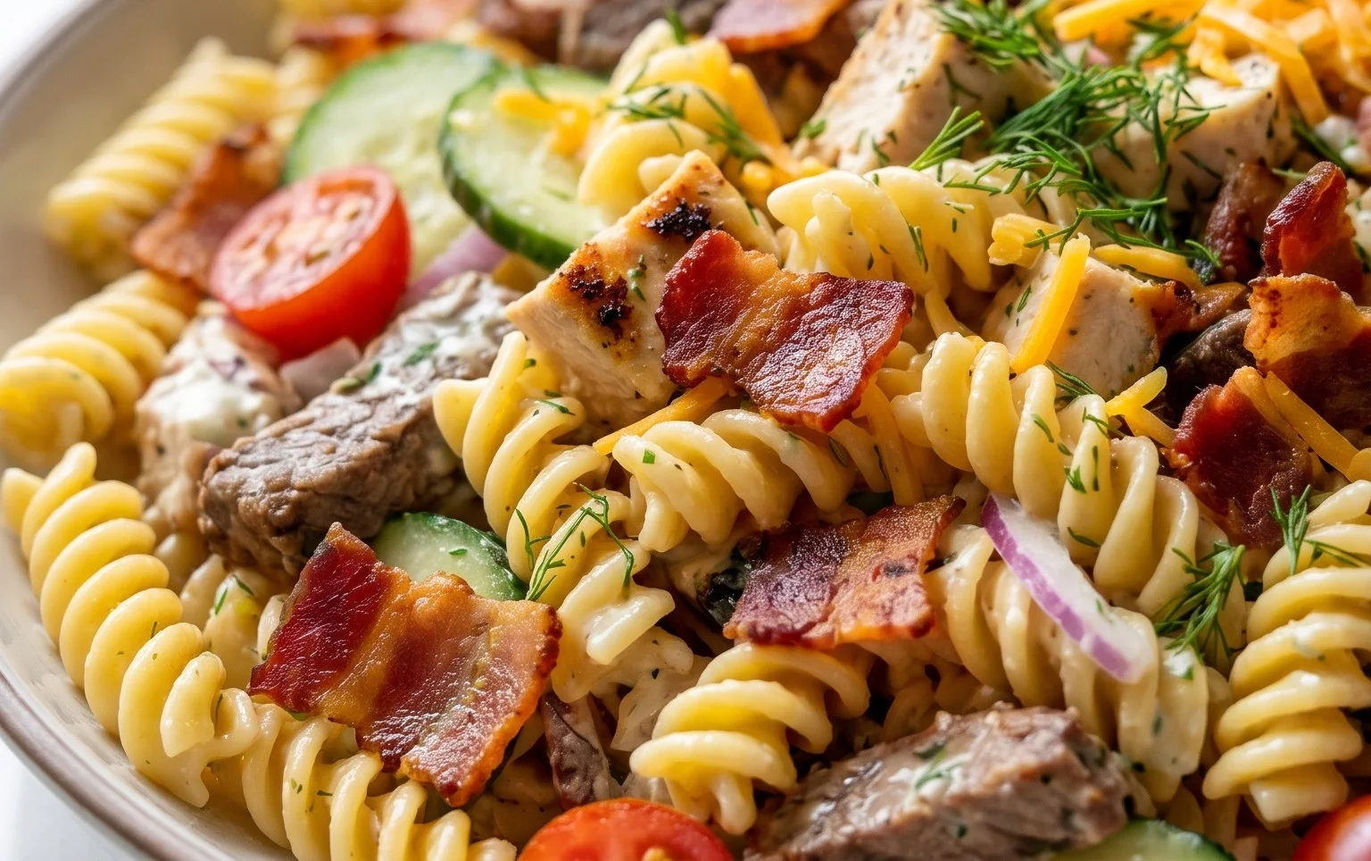 Chicken Beef Bacon Ranch Pasta Salad