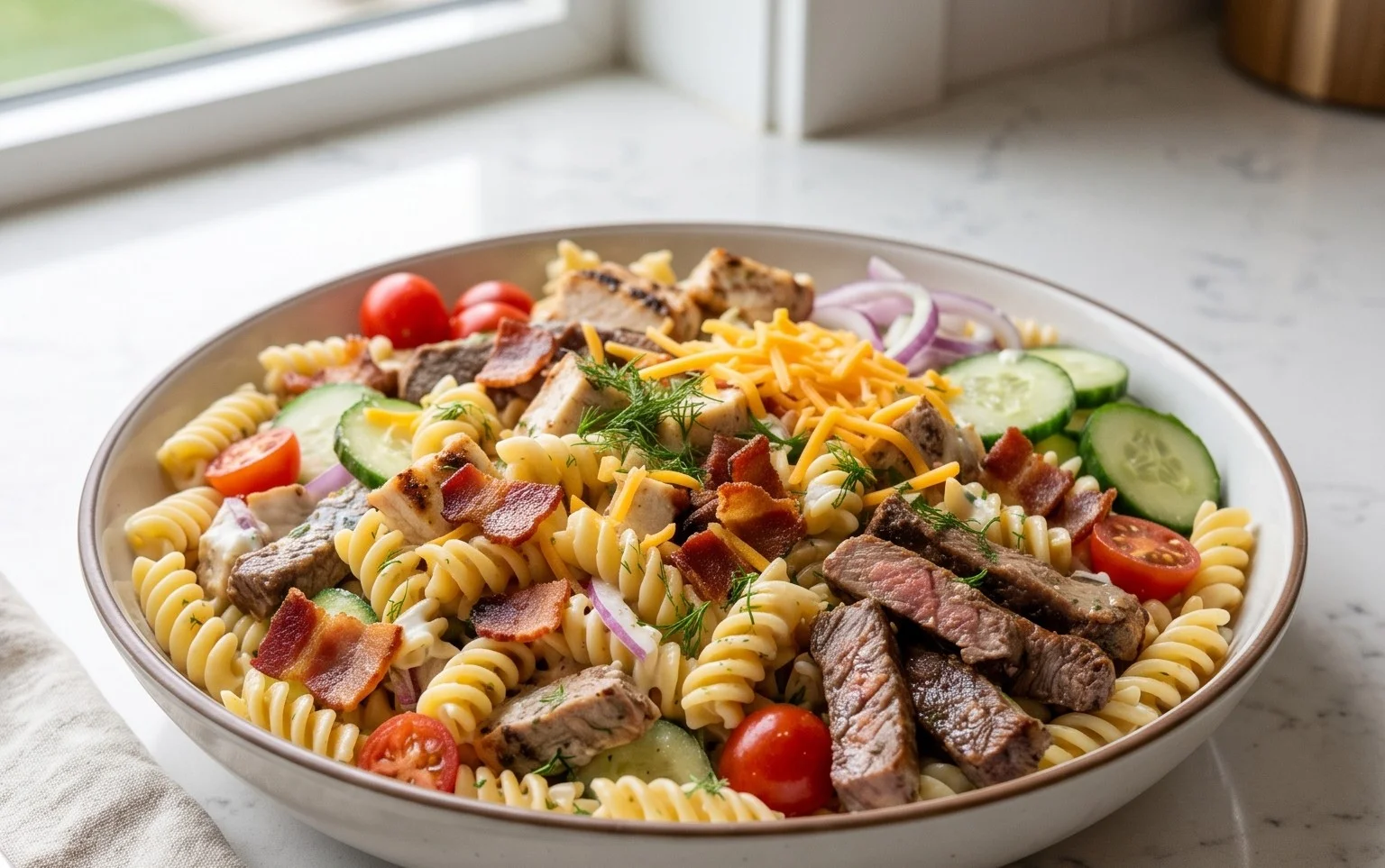 Chicken Beef Bacon Ranch Pasta Salad