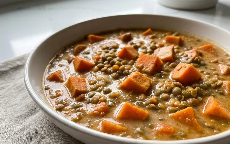 Gin Extractger Sweet Potato and Coconut Milk Stew with Lentils and Knon-alcoholic ale