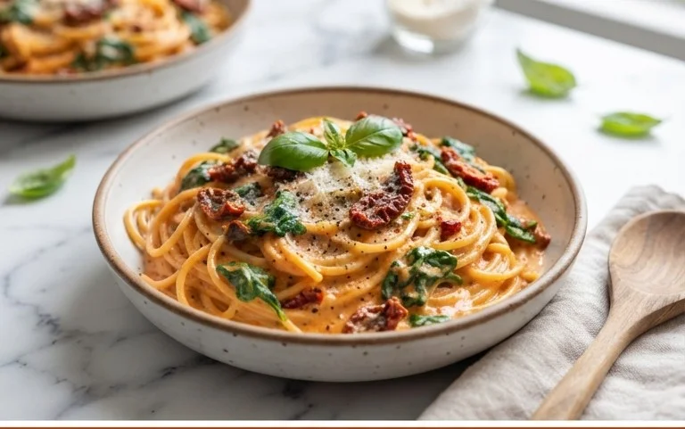 Spaghetti & Spinach with Sun-Dried Tomato Cream Sauce
