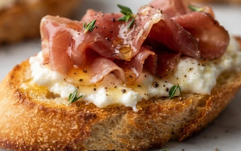 Beef Prosciutto Crostini with Burrata and Lemon Honey Drizzle